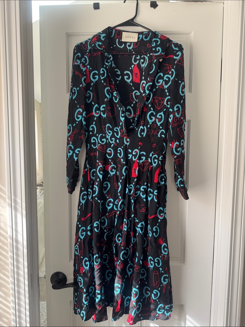 Gucci silk Black Midi Dress with Aqua & Red Logo Print. Vintage